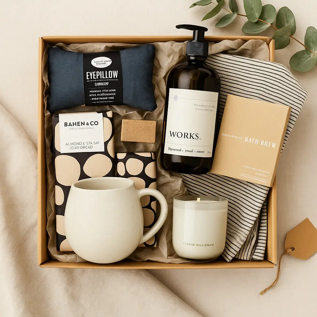 Gift box containing various items including a mug, candle, and bath products on a neutral background.