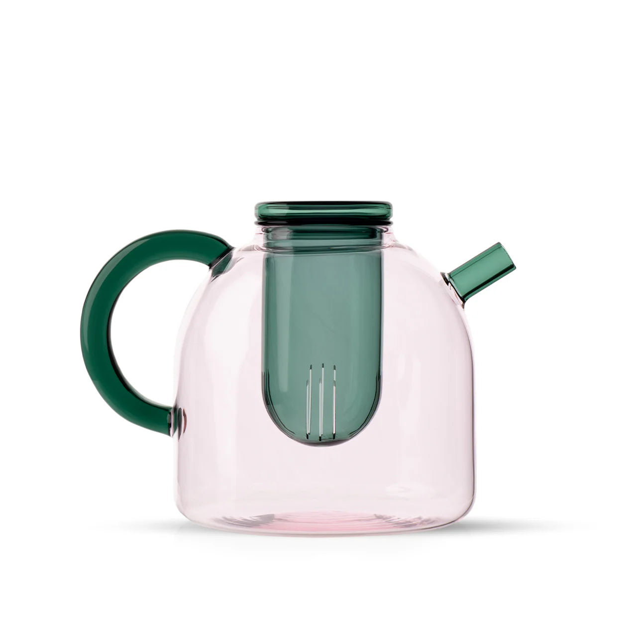 Clear glass teapot with green handle and lid on a white background