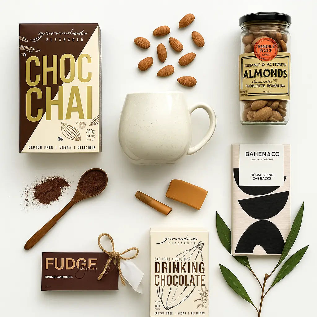 Assorted chocolate products including 'Choc Chai', 'Fudge', and 'Drinking Chocolate' with almonds and a mug on a white background.