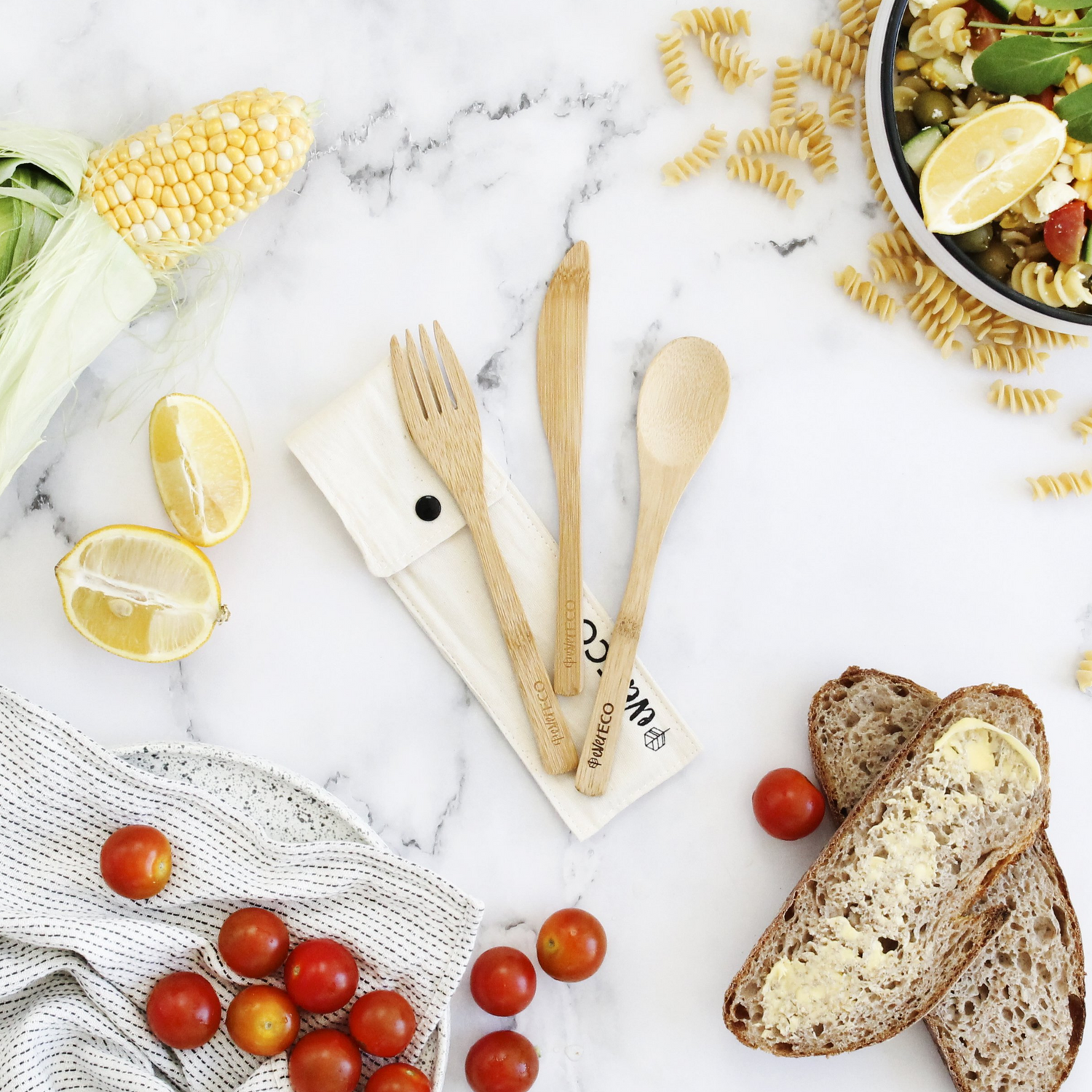 Ever Eco Bamboo Cutlery Set With Organic Cotton Pouch-The Living Co.