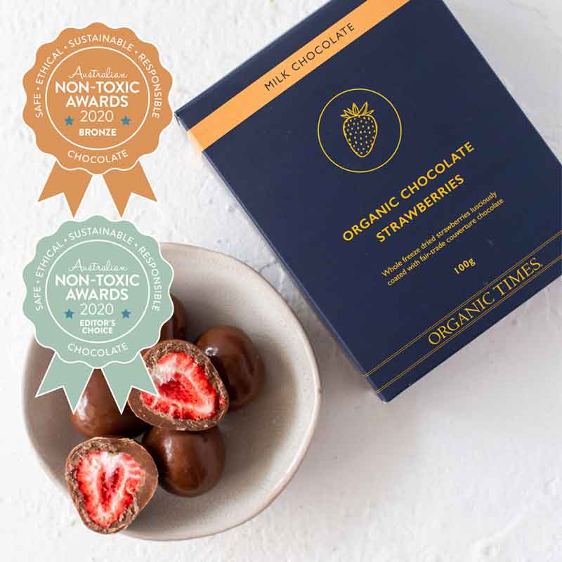 Organic Times Milk Chocolate Strawberries 100g-The Living Co.