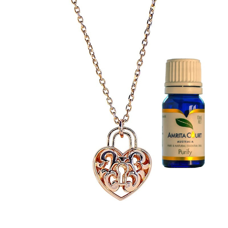 Amrita Court Heart Lock Aroma Necklace + Purify Essential Oil 10ml Pk-The Living Co.