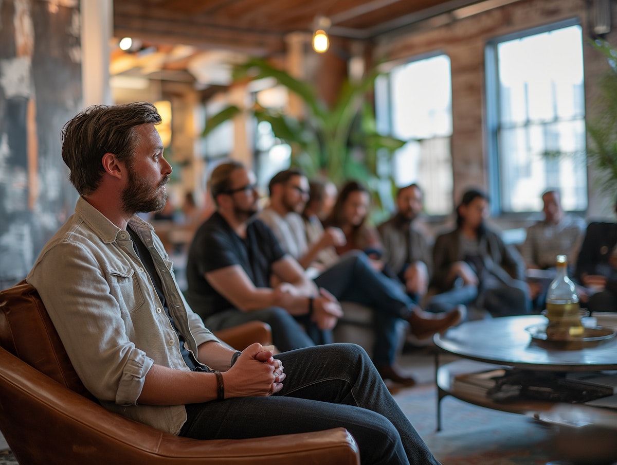 Group of people sitting in a modern office setting