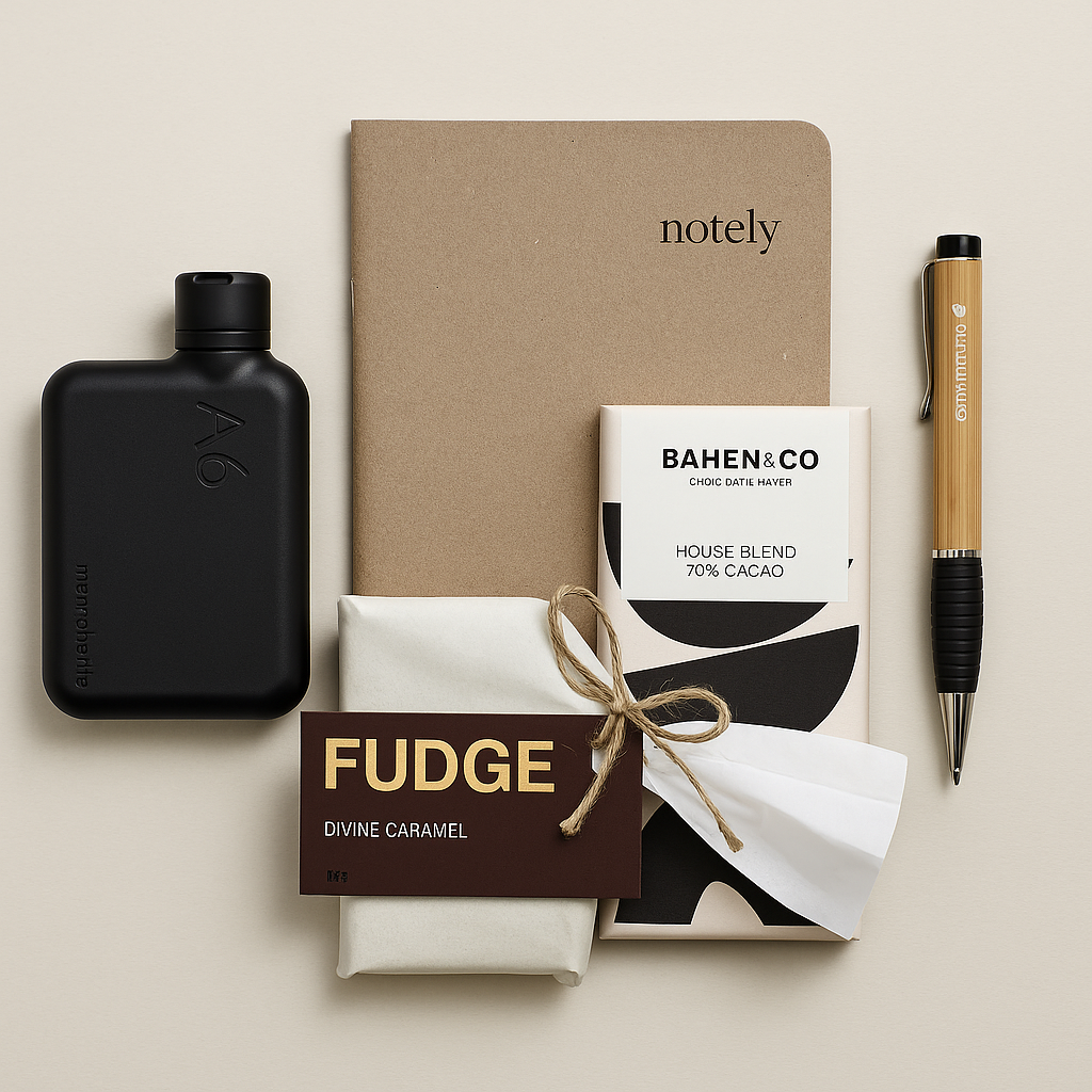 Collection of items including a black bottle, brown notebook, chocolate bar, and pen on a beige background.
