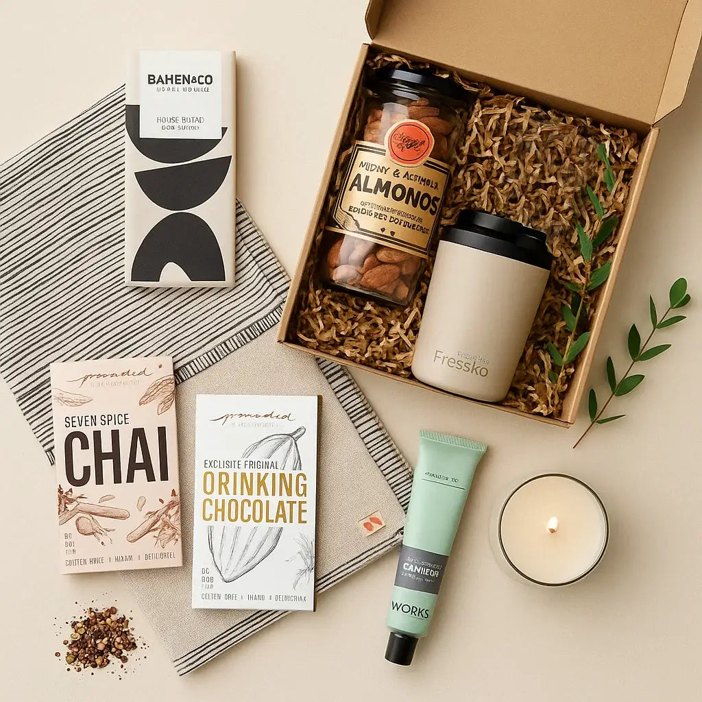 Gift box with various items including a candle, tea, and chocolate on a neutral background