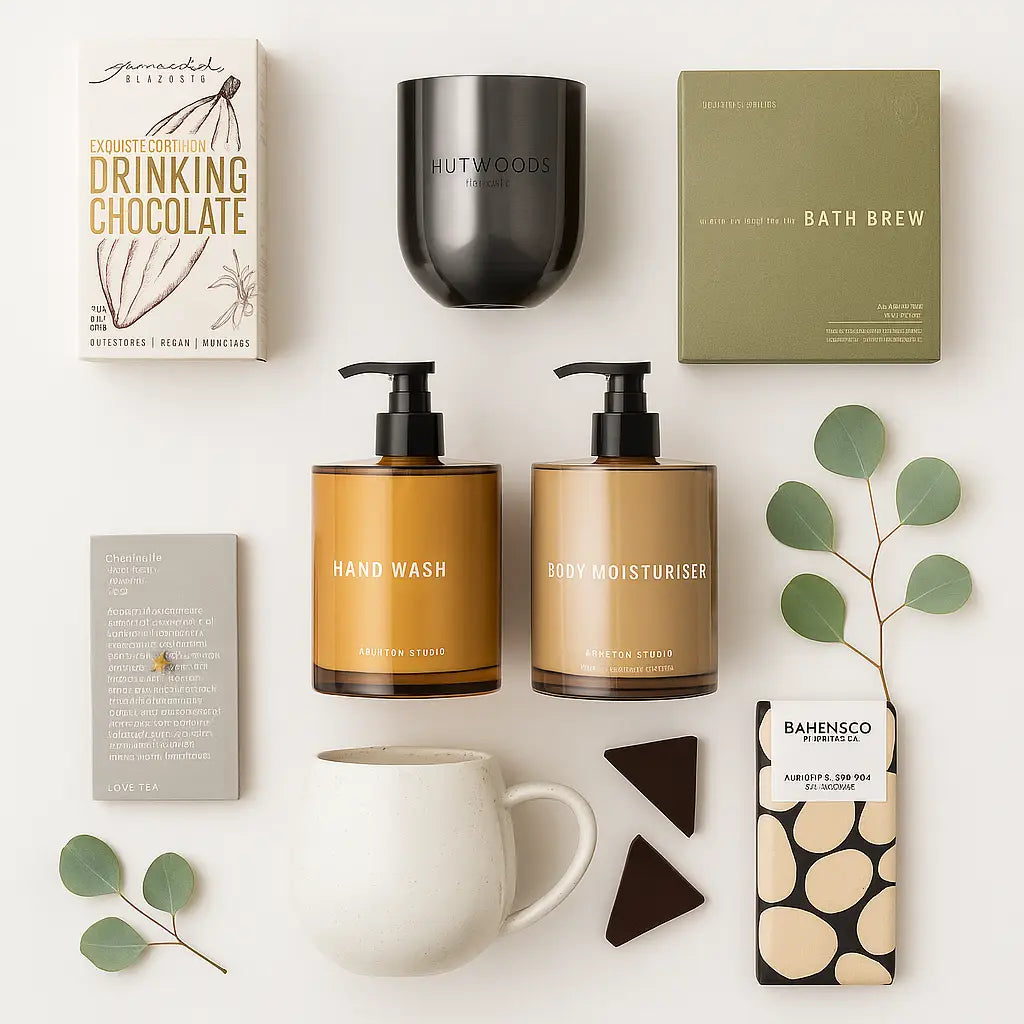 Collection of bath and body products including hand wash, body moisturizer, and drinking chocolate on a white background.