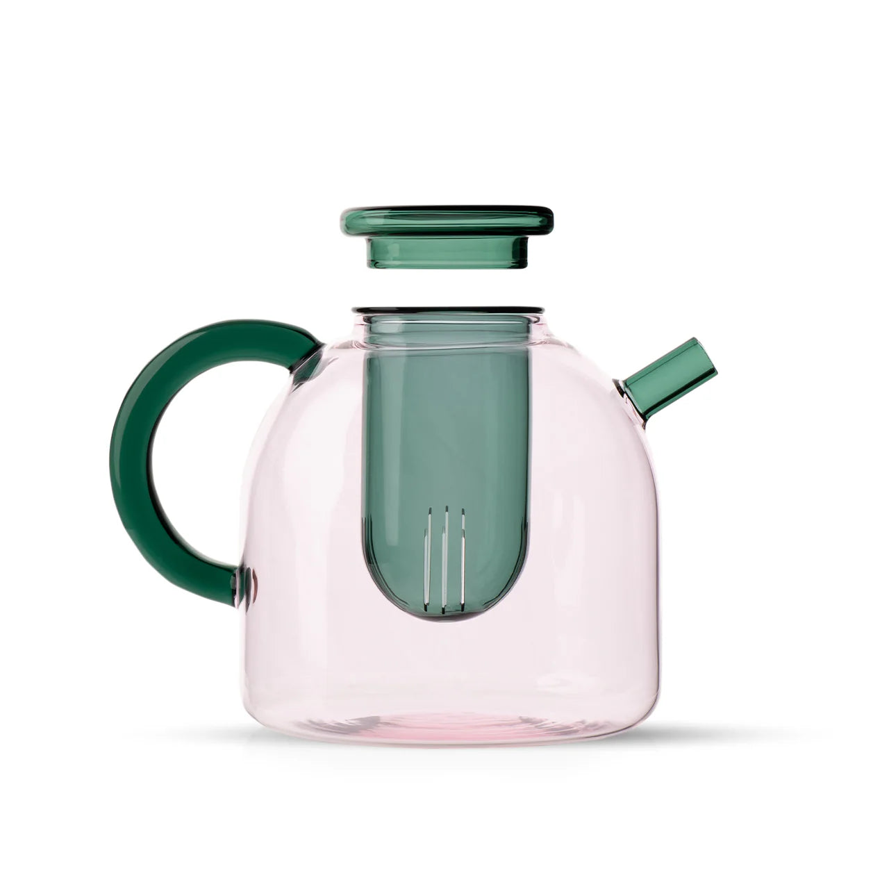 Clear glass pitcher with green handle and lid on a white background