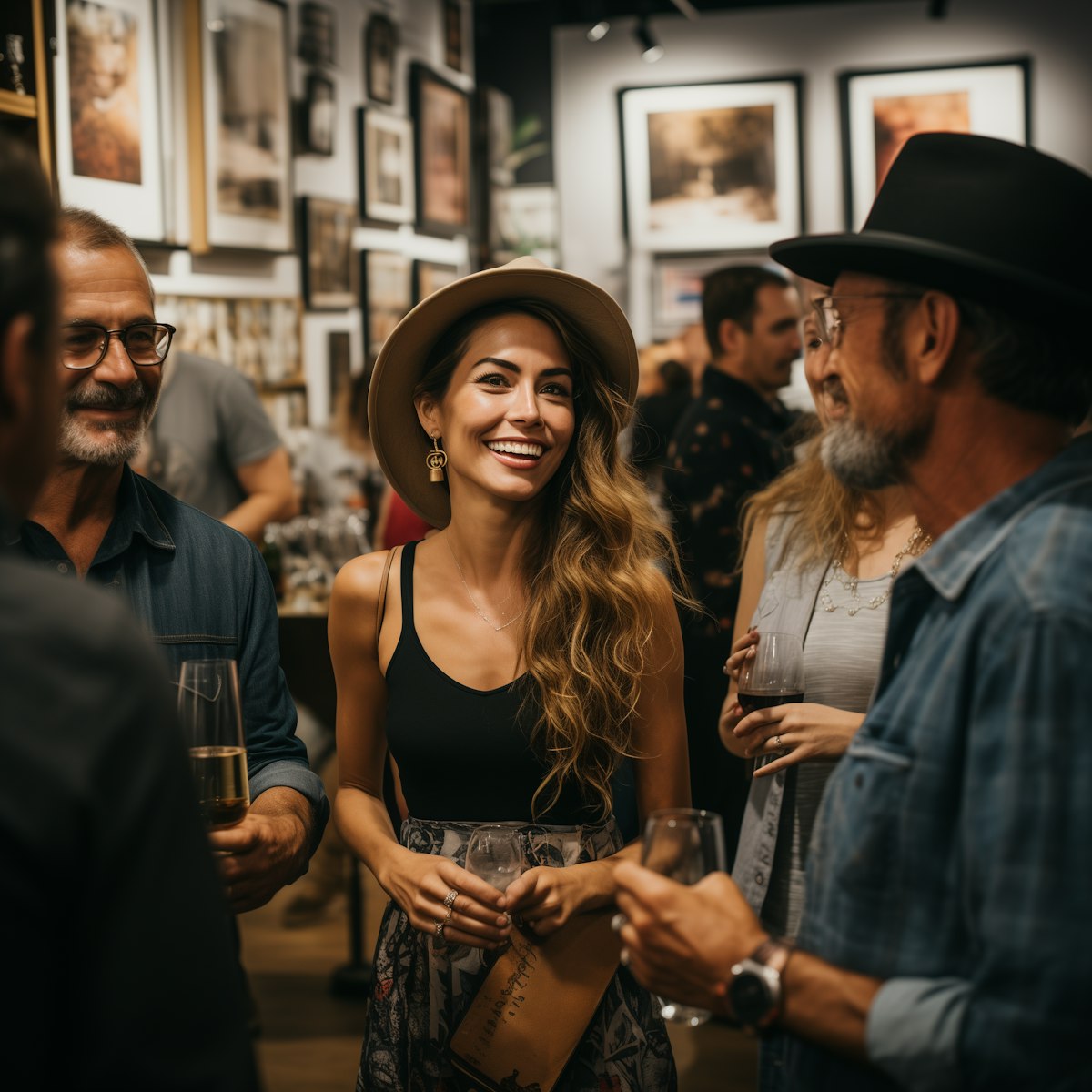 Woman in a hat smiling at an art gallery event with people around her.
