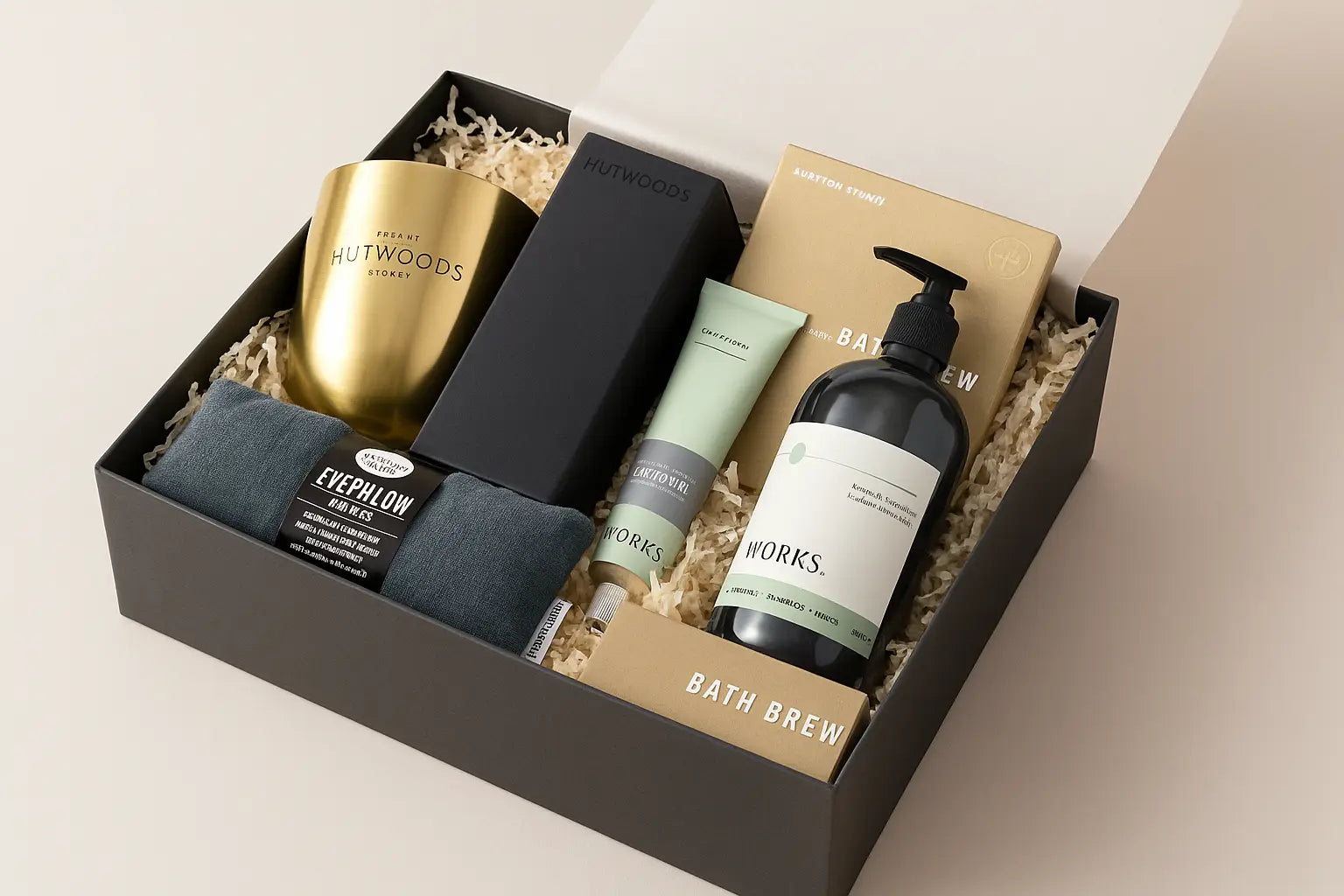Gift set with bath products including a bottle, tube, and container in a box.