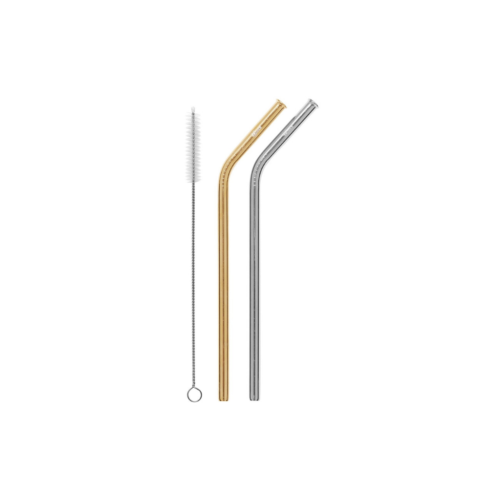 Cheeki Stainless Steel Straws - Bent Silver & Gold + Cleaning Brush 2pk-The Living Co.