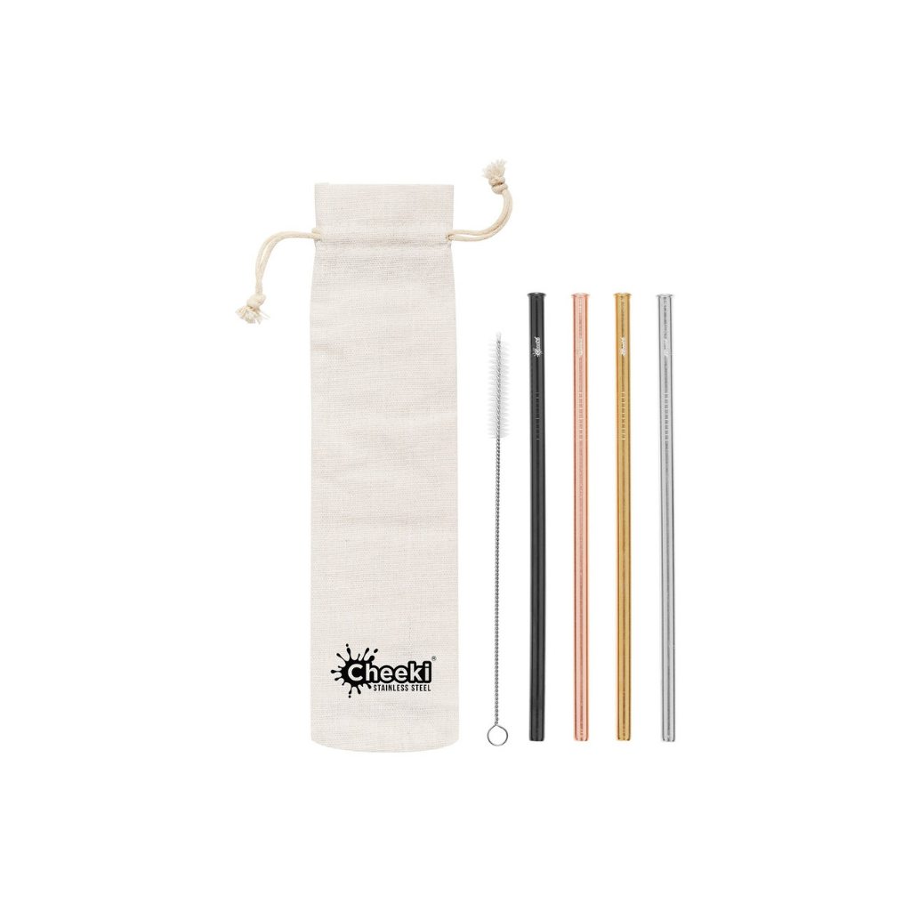 Cheeki Stainless Steel Straws - Straight All Colours + Cleaning Brush 4pk-The Living Co.